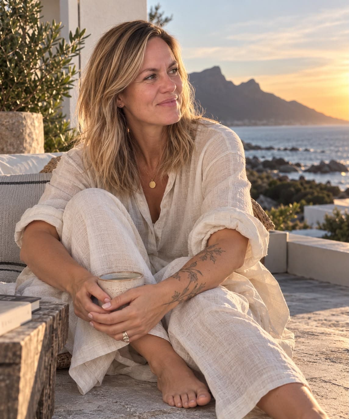 Tehilla Luttig holding a cup, looking out over the sea at sunset