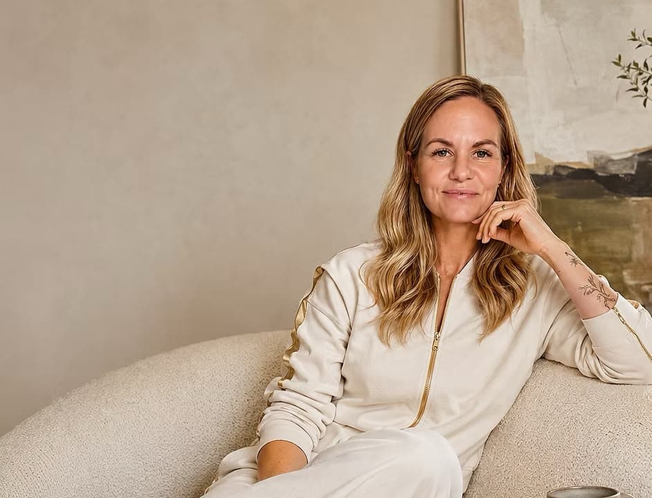 Tehilla Luttig sitting on a pale sofa, chin resting on her hand